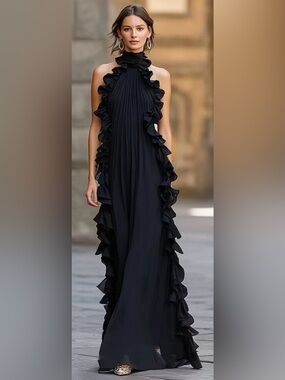 High-Neck Ruffle-Trim Maxi Dress - Black NWT